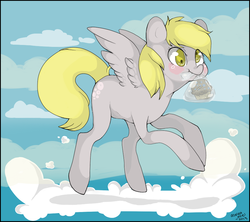 Size: 900x800 | Tagged: safe, artist:confetti-cake, derpy hooves, pegasus, pony, g4, cloud, cloudy, female, mare, muffin, solo