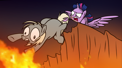 Size: 1914x1080 | Tagged: safe, artist:fimflamfilosophy, twilight sparkle, alicorn, pony, g4, alicorn day, book store pony, dangling, female, fire, held by tail, hoof hold, mare, threatening, twilight sparkle (alicorn)