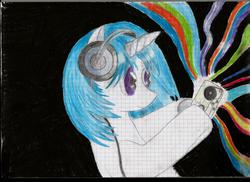 Size: 2338x1700 | Tagged: safe, dj pon-3, vinyl scratch, pony, unicorn, g4, crayon, female, grid paper, headphones, hoof hold, music, pencil drawing, solo, traditional art