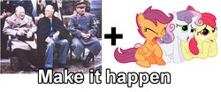 Size: 1200x500 | Tagged: safe, apple bloom, scootaloo, sweetie belle, human, g4, cutie mark crusaders, exploitable meme, fdr, franklin d. roosevelt, franklin roosevelt, josef stalin, make it happen, winston churchill, world war ii, yalta conference