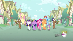 Size: 1366x768 | Tagged: safe, screencap, applejack, daisy, diamond mint, flower wishes, fluttershy, lemon hearts, mochaccino, pinkie pie, rainbow dash, rare find, rarity, spike, twilight sparkle, dragon, earth pony, pegasus, pony, unicorn, g4, magical mystery cure, season 3, a true true friend, animation error, elements of harmony, female, male, mane seven, mane six, mare, musical instrument, stallion, trumpet