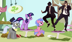 Size: 656x385 | Tagged: safe, edit, edited screencap, screencap, caesar, count caesar, royal ribbon, twilight sparkle, earth pony, pony, unicorn, g4, magical mystery cure, blues brothers, dancing, female, male, mare, stallion