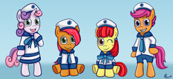 Size: 3744x1718 | Tagged: dead source, safe, artist:eddiedodoman, apple bloom, babs seed, scootaloo, sweetie belle, earth pony, pony, g4, bipedal, blushing, clothes, cutie mark crusaders, female, filly, hat, necktie, sailor, sailor uniform