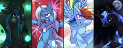 Size: 900x350 | Tagged: safe, artist:frandlle, nightmare moon, queen chrysalis, rainbow dash, trixie, g4, fireworks, flying, moon, smiling