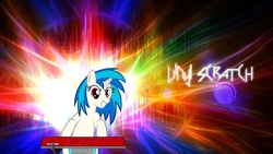 Size: 1920x1080 | Tagged: safe, artist:kigaroth, artist:likonan, edit, dj pon-3, vinyl scratch, pony, unicorn, g4, abstract background, female, hooves, horn, mare, smiling, solo, teeth, text, vector, wallpaper, wallpaper edit