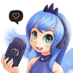 Size: 800x800 | Tagged: safe, artist:ninjaham, princess luna, human, gamer luna, g4, blushing, bust, clothes, female, headphones, headset, heart, humanized, looking at you, open mouth, playstation portable, simple background, solo, white background