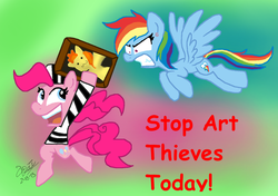 Size: 1378x970 | Tagged: safe, artist:daisy-dictator, pinkie pie, rainbow dash, g4, comic sans, duo, thief