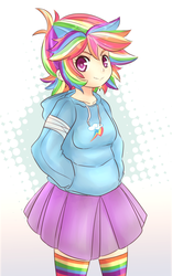 Size: 600x964 | Tagged: safe, artist:chelostracks, rainbow dash, human, g4, bandage, clothes, female, hoodie, humanized, rainbow socks, skirt, socks, solo, striped socks, thigh highs