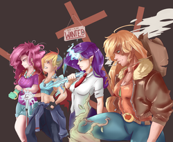 Size: 1938x1600 | Tagged: safe, artist:sundown, applejack, pinkie pie, rainbow dash, rarity, human, g4, badass, cigarette, horn, horned humanization, humanized, smoking, wanted, winged humanization