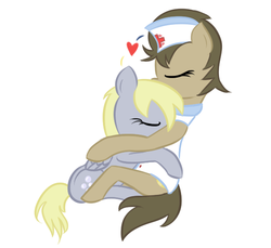 Size: 600x550 | Tagged: safe, artist:lilliesinthegarden, derpy hooves, doctor whooves, time turner, pegasus, pony, g4, crossdressing, female, hug, male, mare, not lesbian, nurse, nurse turner, ship:doctorderpy, shipping, straight