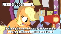 Size: 960x540 | Tagged: safe, edit, edited screencap, screencap, applejack, earth pony, pony, g4, magical mystery cure, bags under eyes, bipedal, bipedal leaning, fabric, female, frown, image macro, leaning, mare, sewing, sewing machine, solo, swapped cutie marks, text