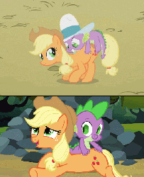 Size: 479x590 | Tagged: safe, edit, edited screencap, screencap, applejack, spike, dragon, earth pony, pony, fall weather friends, g4, season 1, season 3, spike at your service, animated, boing, butt touch, context is for the weak, female, hand on butt, looped, male, mare, out of context, scratching