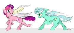 Size: 1200x545 | Tagged: safe, artist:cheshiresdesires, lyra heartstrings, oc, oc:marker pony, earth pony, pony, unicorn, g4, 4chan, accessory theft, cape, clothes, duo, gritted teeth, hat, lyra is not amused, one eye closed, running, smiling, windswept mane, wink