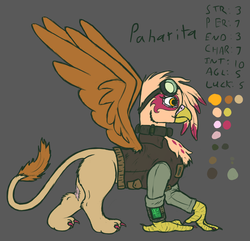Size: 1053x1014 | Tagged: dead source, safe, artist:stonershy, oc, oc only, oc:paharita, griffon, fallout equestria, fallout equestria: anywhere but here, fanfic art, goggles, pipboy, pipbuck, reference sheet, solo