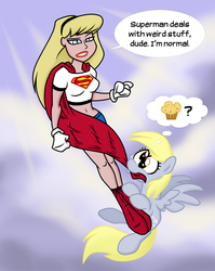 Size: 1255x1575 | Tagged: safe, artist:epulson, derpy hooves, pegasus, pony, g4, crossover, dc comics, female, mare, muffin, supergirl, that pony sure does love muffins