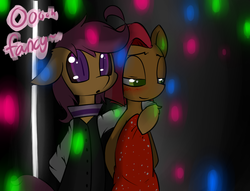 Size: 850x650 | Tagged: safe, artist:serendipity-kitty, babs seed, scootaloo, pony, g4, blushing, clothes, collar, dress, female, lesbian, lesboloo, ship:babscoot