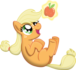 Size: 1363x1264 | Tagged: safe, artist:d4svader, applejack, earth pony, pony, g4, apple, cute, filly, hatless, jackabetes, missing accessory, obligatory apple, on back, simple background, solo, svg, transparent background, vector, younger
