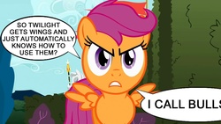 Size: 1280x720 | Tagged: safe, edit, edited screencap, screencap, scootaloo, pony, g4, magical mystery cure, the return of harmony, alicorn drama, censored, censored vulgarity, dialogue, drama, female, scootaloo can't fly, solo, speech bubble