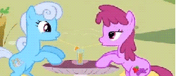 Size: 364x160 | Tagged: safe, screencap, berry punch, berryshine, linky, shoeshine, earth pony, pony, g4, magical mystery cure, animated, blinking, cute, drink, drinking, eye contact, female, happy, mushroom, open mouth, sharing, shipping fuel, smiling, straw