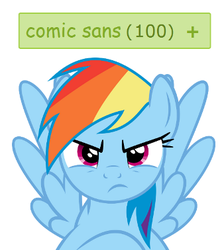 Size: 338x378 | Tagged: safe, rainbow dash, g4, comic sans, derpimilestone, exploitable meme, milestone, tags