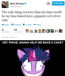 Size: 454x533 | Tagged: safe, twilight sparkle, g4, fake, implied cannibalism, tara strong, text, twilight snapple, twitter