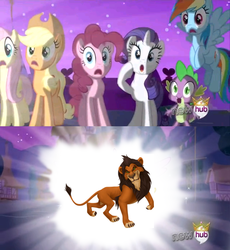 Size: 638x693 | Tagged: safe, applejack, fluttershy, pinkie pie, rainbow dash, rarity, spike, big cat, dragon, earth pony, lion, pegasus, pony, unicorn, g4, alicorn flash, disney, exploitable meme, horn, hub logo, kingdom hearts, meme, scar (the lion king), the lion king