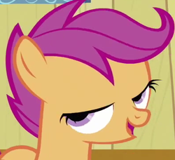 Size: 394x360 | Tagged: safe, screencap, scootaloo, pegasus, pony, g4, hearts and hooves day (episode), bedroom eyes, bust, open mouth, portrait, solo