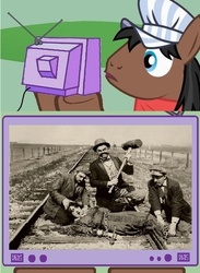 Size: 440x600 | Tagged: safe, full steam, promontory, g4, exploitable meme, silent film, tied to tracks, train, train tracks, tv meme