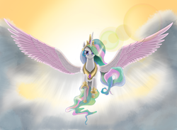 Size: 1920x1408 | Tagged: safe, artist:yakovlev-vad, artist:zrjdktddflbv, princess celestia, alicorn, pony, g4, closing logo, cloud, cloudy, crown, female, flying, hoof shoes, jewelry, large wings, lens flare, looking at you, majestic, mare, regalia, solo, spread wings, sunlight, tristar, wings