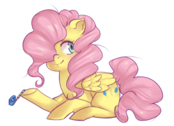 Size: 700x507 | Tagged: safe, artist:qeius, fluttershy, pony, g4, magical mystery cure, alternate hairstyle, female, party horn, simple background, solo, swapped cutie marks, transparent background