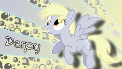 Size: 2560x1440 | Tagged: safe, artist:aloopyduck, artist:sierraex, derpy hooves, pegasus, pony, g4, abstract background, female, flying, mare, smiling, solo, wallpaper