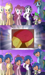 Size: 635x1039 | Tagged: safe, applejack, fluttershy, pinkie pie, rainbow dash, rarity, spike, g4, alicorn flash, exploitable meme, gutsman's ass, hub logo, mega man (series), meme