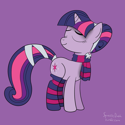 Size: 1280x1280 | Tagged: safe, artist:squeezle, twilight sparkle, pony, unicorn, g4, alternate hairstyle, clothes, female, hair bun, mare, scarf, smiling, socks, solo, stockings, striped socks, tail wrap, unicorn twilight