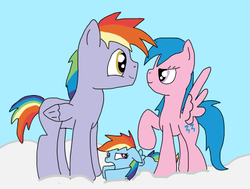 Size: 431x326 | Tagged: safe, artist:graciegirl328, firefly, rainbow blaze, rainbow dash, pegasus, pony, g1, g4, female, filly, firefly as rainbow dash's mom, foal, g1 to g4, generation leap, male, mare, raised hoof, ship:fireblaze, shipping, stallion, straight, trio