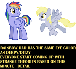 Size: 1174x1076 | Tagged: safe, artist:korikian, artist:xgsymarley, derpy hooves, rainbow blaze, pegasus, pony, g4, discussion, duo, headcanon, insane fan theory, meta, speculation, text