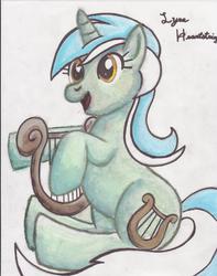 Size: 2550x3244 | Tagged: safe, artist:shadewingz, lyra heartstrings, pony, unicorn, g4, female, lyre, musical instrument, smiling, solo, traditional art