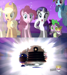 Size: 711x800 | Tagged: safe, applejack, fluttershy, pinkie pie, rainbow dash, rarity, spike, g4, alicorn flash, dalek, doctor who, exploitable meme, hub logo, meme, this will end in extermination