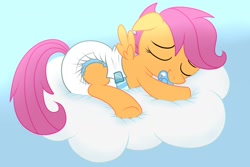 Size: 1280x853 | Tagged: safe, artist:fillyscoots42, scootaloo, pegasus, pony, g4, cloud, crinkleloo, cute, cutealoo, diaper, diapered, female, filly, foal, non-baby in diaper, pacifier, poofy diaper, sleeping, solo