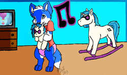 Size: 762x450 | Tagged: source needed, useless source url, safe, dj pon-3, vinyl scratch, oc, wolf, g4, diaper, furry, non-pony oc, plushie, rocking horse, television