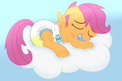 Size: 1280x853 | Tagged: safe, artist:fillyscoots42, scootaloo, pegasus, pony, g4, cloud, crinkleloo, cute, cutealoo, diaper, diaper fetish, diaper usage, eyes closed, female, filly, foal, non-baby in diaper, on a cloud, pacifier, peeing in diaper, pissing, poofy diaper, sleeping, sleeping on a cloud, urine, used diaper, using diaper, wet diaper, wetting, wetting diaper, white diaper