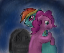 Size: 933x783 | Tagged: safe, artist:tatze-san, pinkie pie, rainbow dash, g4, 30 minute art challenge, crying, gravestone, implied death, rain