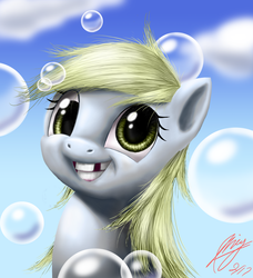 Size: 4358x4781 | Tagged: safe, artist:244705, derpy hooves, pegasus, pony, g4, absurd resolution, bubble, female, gap teeth, mare, smiling, teeth