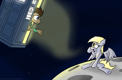 Size: 2605x1700 | Tagged: safe, artist:tixolseyerk, derpy hooves, doctor whooves, time turner, pegasus, pony, crying, doctor who, female, mare, moon, sad, space, tardis, the doctor