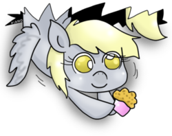 Size: 400x316 | Tagged: safe, artist:pian-no, derpy hooves, pegasus, pony, g4, ceiling pony, female, lowres, mare, muffin, simple background, small, transparent background
