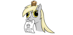 Size: 1280x620 | Tagged: safe, artist:themunchmeister, derpy hooves, pegasus, pony, g4, female, mare, missing, muffin, paper, poster