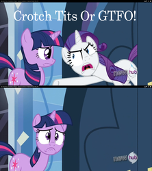 Size: 1280x1440 | Tagged: safe, edit, edited screencap, screencap, rarity, twilight sparkle, games ponies play, crotchboobs, hub logo, insulting rarity, meme, song in the description, tits or gtfo