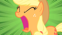 Size: 1280x720 | Tagged: safe, screencap, applejack, earth pony, pony, g4, over a barrel, eyes closed, female, hat, mare, solo, yelling