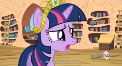 Size: 1599x869 | Tagged: safe, screencap, twilight sparkle, pony, g4, big crown thingy, female, golden oaks library, hub logo, hubble, library, solo, the hub, youtube caption, youtube link