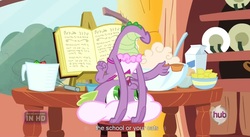 Size: 1585x869 | Tagged: safe, screencap, spike, dragon, g4, just for sidekicks, apron, book, clothes, cooking, golden oaks library, lemon, naked apron, youtube caption, youtube link