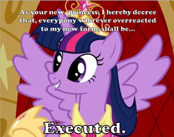 Size: 634x500 | Tagged: safe, twilight sparkle, alicorn, pony, g4, correction, female, image macro, implied execution, mare, parody, royal decree, solo, twilight sparkle (alicorn), vanellope von schweetz, wreck-it ralph